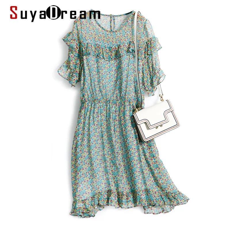 Женское платье с цветочным принтом SUYADREAM Летнее мини-платье из 100% шелка и жоржета