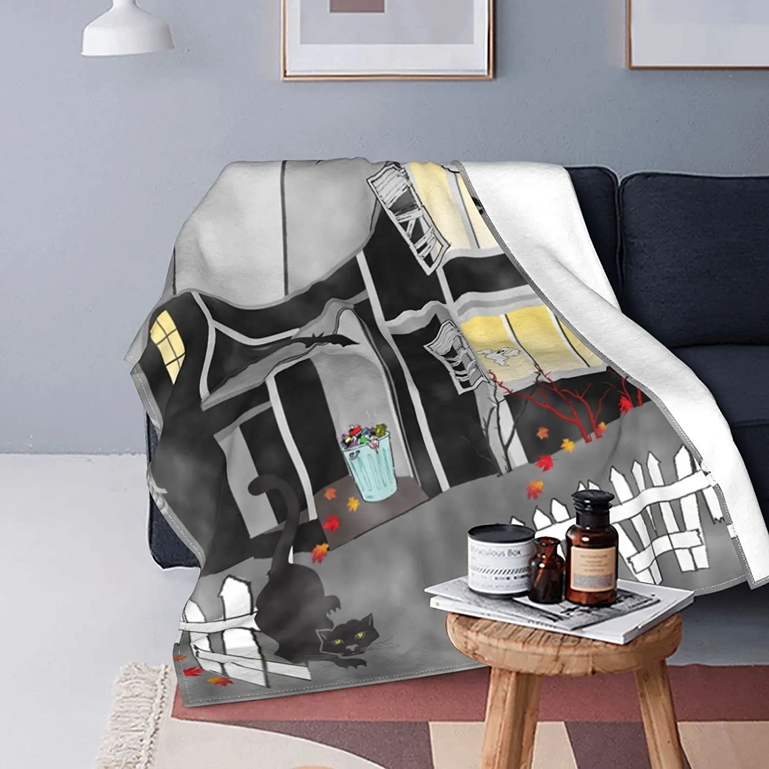 

Blaseaty Fleece Blanket Lightweight Halloween Gray House and Ghost Super Soft Cozy Bed Blanket Flannel Blanket for Bed Sofa