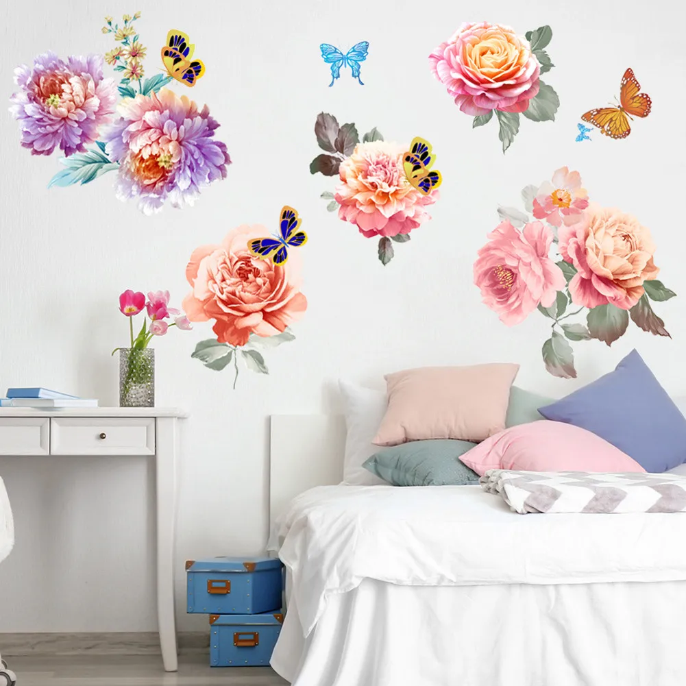 

2Pcs Butterfly Flower Peony Flower Wall Sticker Offices Dormitories Or Shops Living Room Bedroom Home Decoration