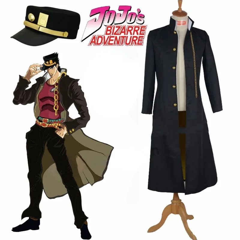 

JoJo's Bizarre Adventure Jotaro Kujo Cosplay Costume Anime Black Coat Jacket Hat Halloween Party Outfits Custom Made