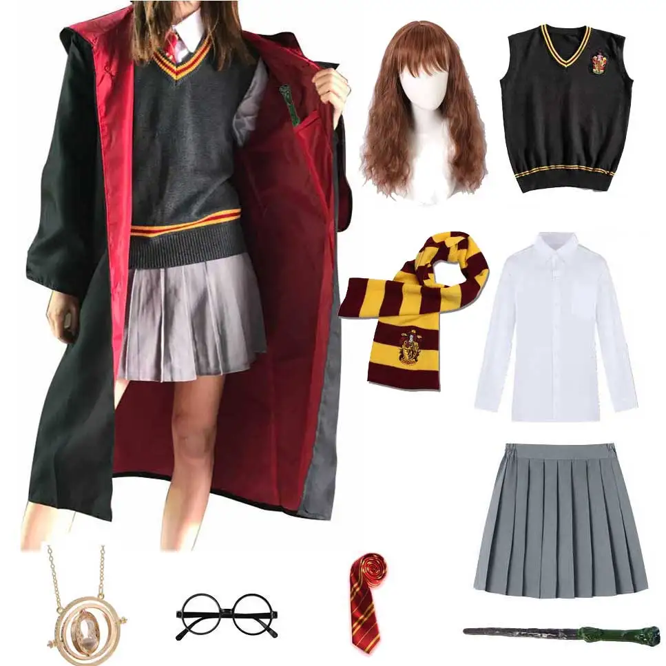 

Girls Women Witchcraft Clothes Party Cosplay Granger Robe Sweater Wig Wand Skirt Dress Halloween Costume