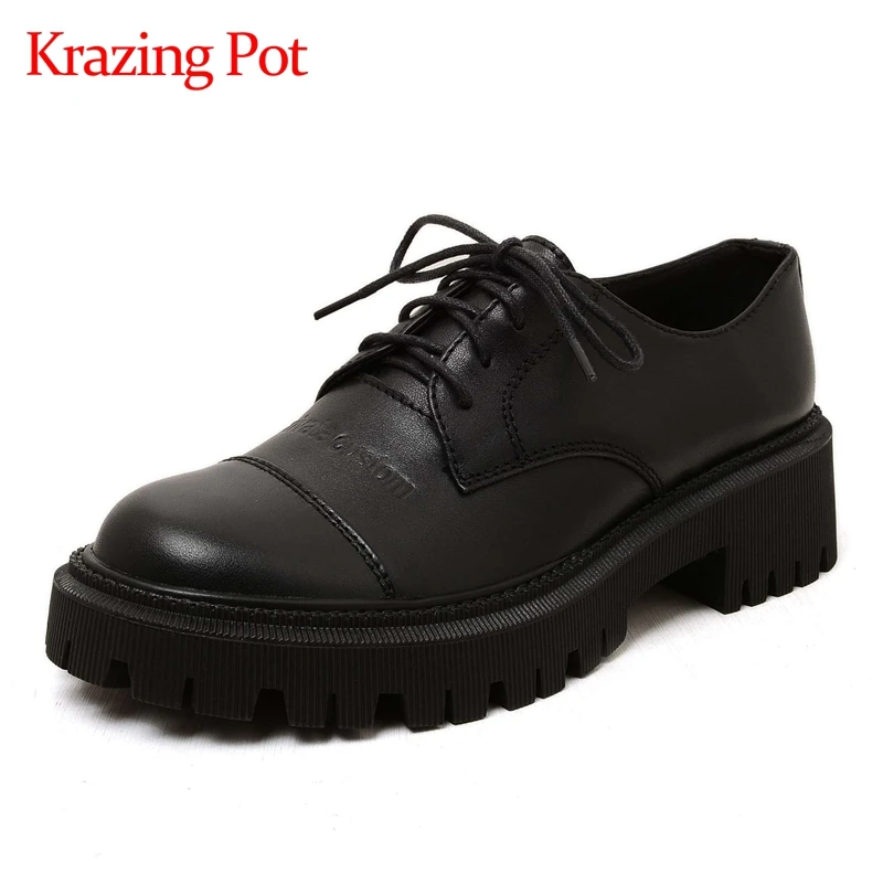 

Krazing Pot 2022 autumn classic genuine leather round toe med heel British style young lady daily wear lace up women pumps L61