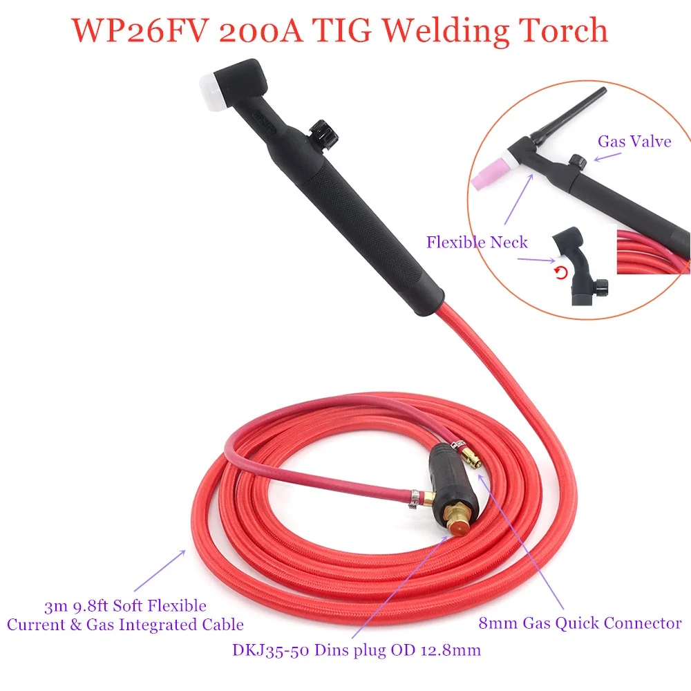 WP26FV 200A TIG сварочный фонарь 3 м мягкий кабель с воздушным охлаждением вольфрамовый дуговой клапан гибкий аргон 35-50 быстрый соединитель WP26 сварочный аппарат - изображение