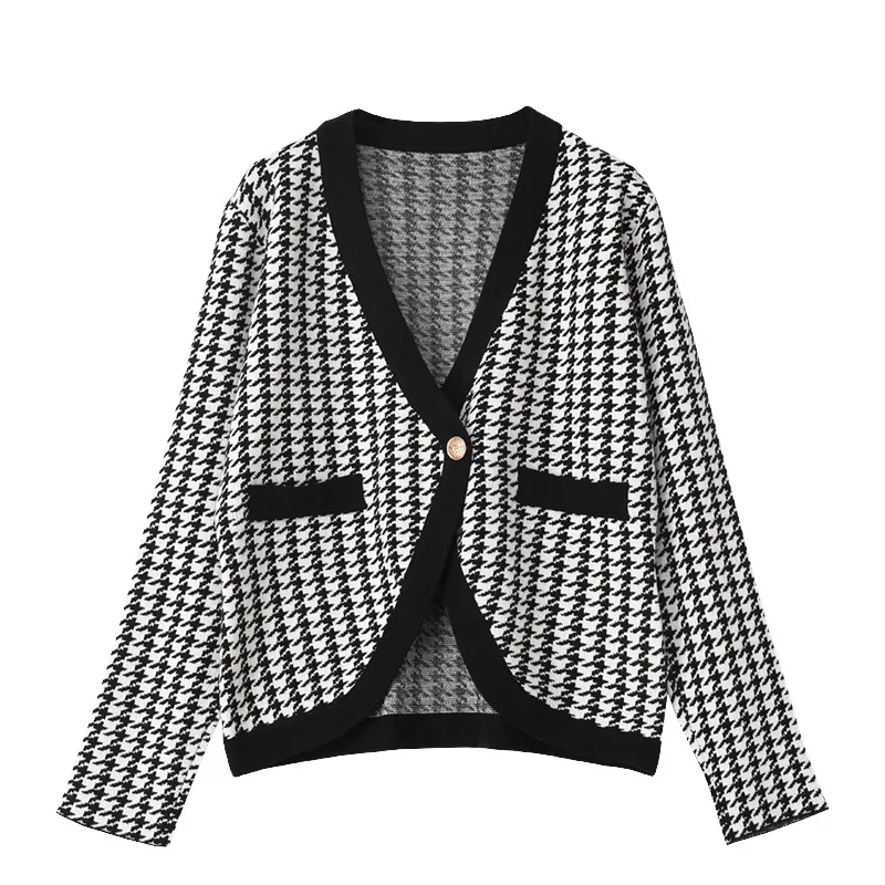 

Houndstooth Woman Sweaters Casual V-Neck Loose Knitted Sweater Women Soft Single Button Warm Cardigan Spring Autumn Tops