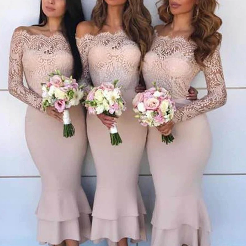 

2021 Sexy Long Sleeved Slash Neck Lace Bodycon Wedding Brideamiad Dresses Women Elegant Mermaid Evening Party Vestido Fashion