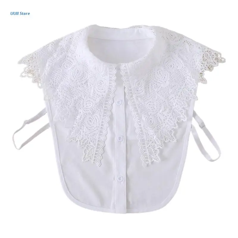 

Women Winter Embroidery Floral Lace Large Shawl Fake Collar Sweet Sweater Decorative Detachable Lapel Half-Shirt Blouse