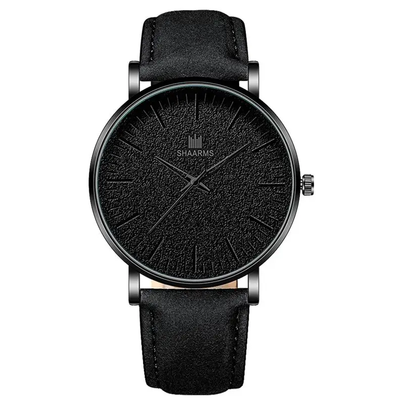 Black SHAARMS мужские простые часы из нержавеющей стали с кожаным ремешком кварцевые наручные часы мужские модные повседневные часы Montre Femme дропшиппинг - Цвет: Black