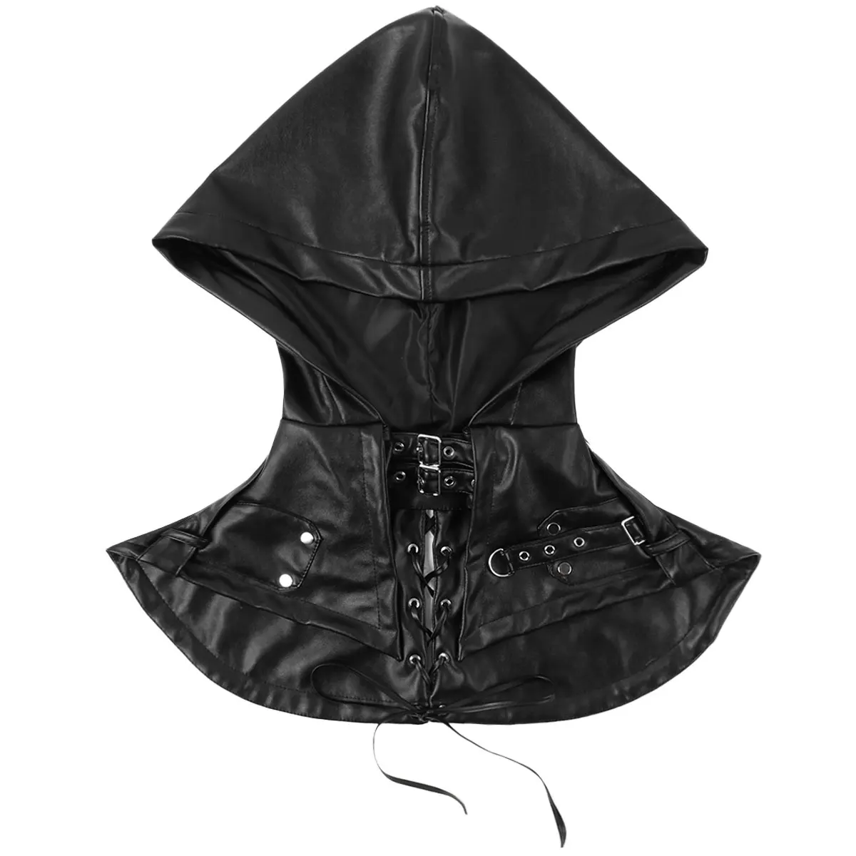 

Men Vintage Medieval Hooded Cloak Vest Halloween Carnival Fantasy Cosplay Crop Top Clubwear Erotic Faux Leather Lace Up Cape Top