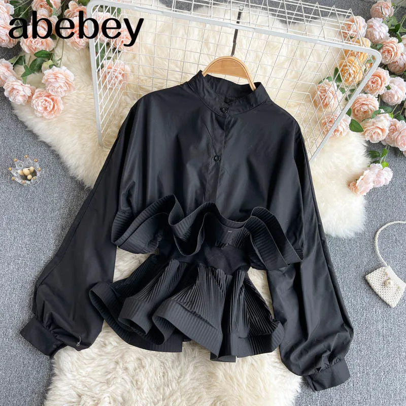 

Women Korean Short Blouse Design Long Puff Sleeve Tops Spring Fashion Casual Streetwear Split Blouses