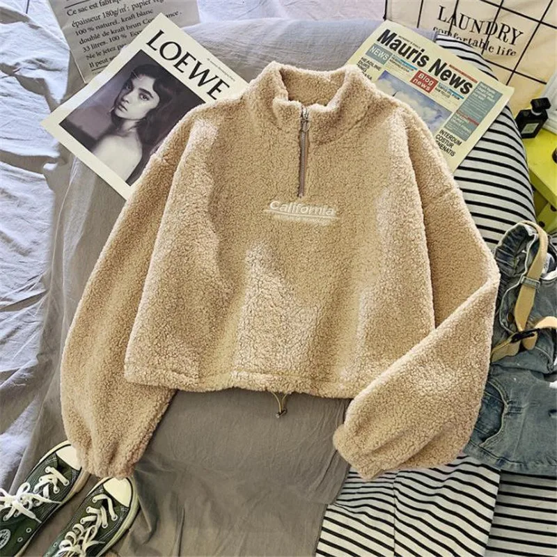 

Женские толстовки с высоким воротником, утепленные Свободные корейские осенние пальто на молнии, с вышивкой, California толстовка с буквами Femme
