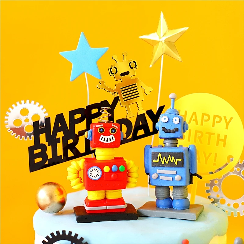 Золотой Серебряный Робот Шестерня для торта с надписью Oh Baby украшение на день