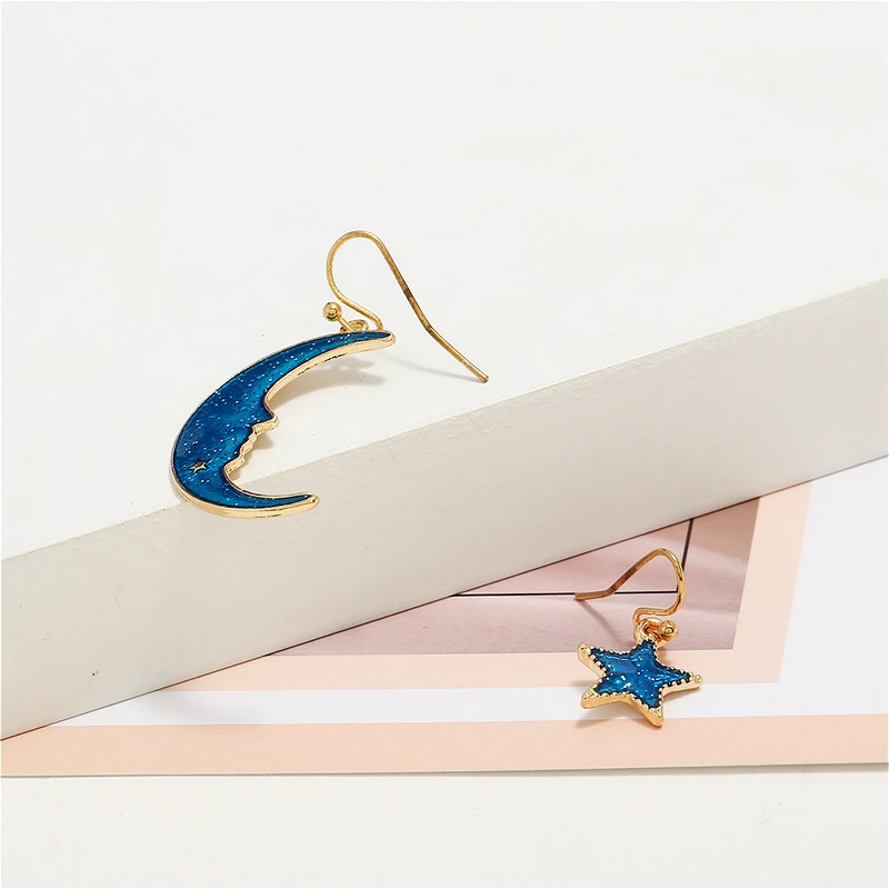 Женские корейские серьги с голубыми звездами и луной Элегантные Очаровательные