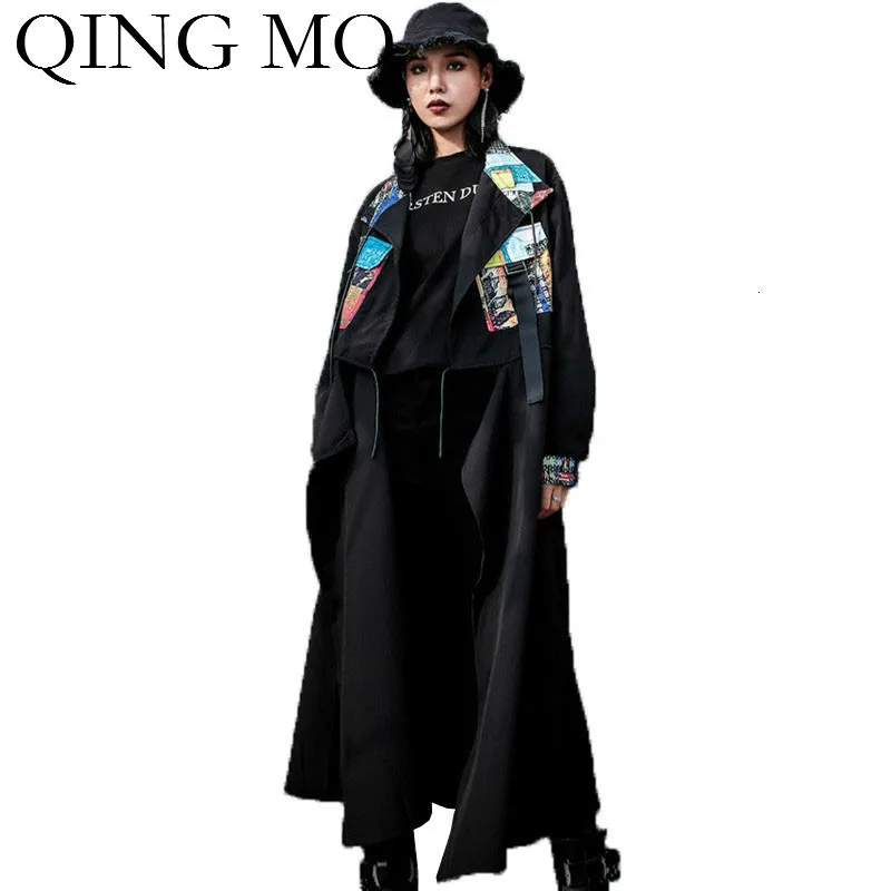 QING MO, Осенний свободный женский кардиган, пальто,, женское черное необычное пальто, женская уличная одежда с принтом, длинное пальто ZQY1769