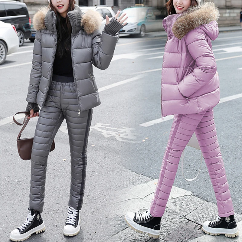 Fashion Two Piece Outfits For Women Long Sleeve Hooded Coat And Cotton pants New Winter Parka Ladies Solid Thick Causal Suit Set