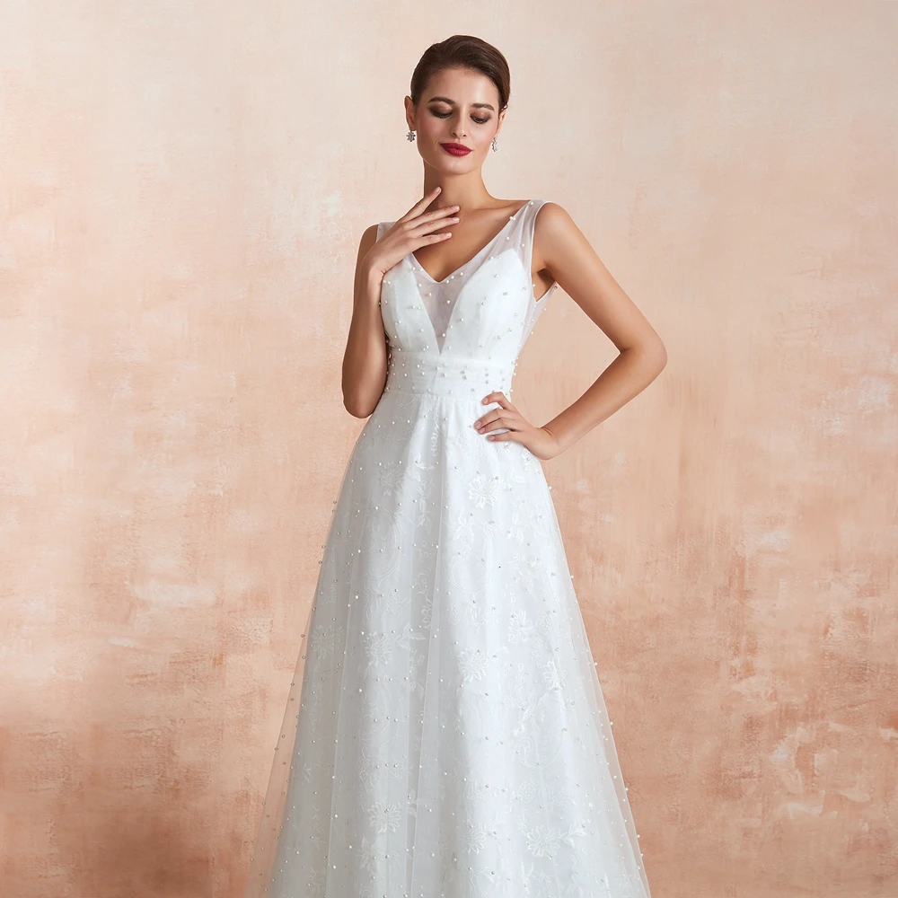 Boho Wedding Dresses Beach A Line Pearl Lace V Neck Lace Simple Bride Gown Sleeveless Walk Beside You abiti sposa