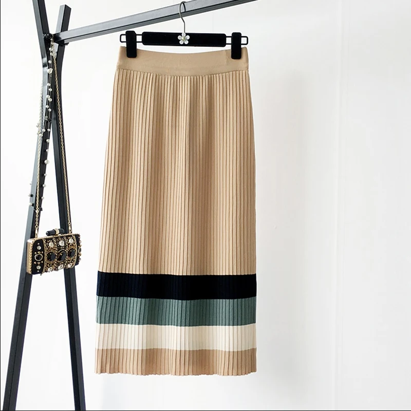 TIGENA Striped Knitted Cotton Skirt Women Fashion 2019 Fall Winter Korean Split High Waist Pleated Midi Long Female |