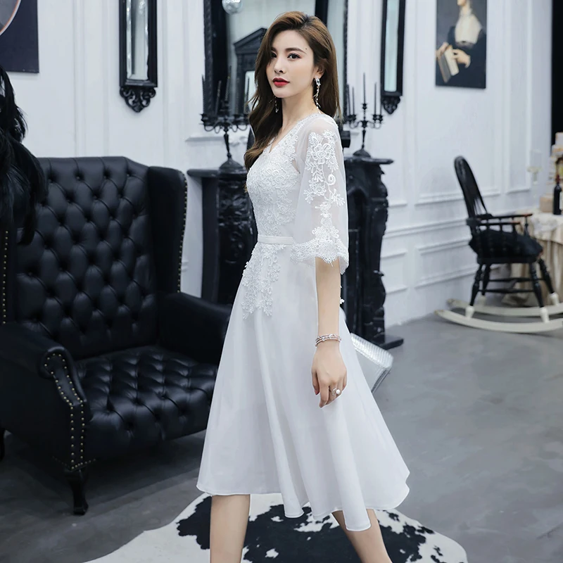 Размера плюс белые платья для выпускного вечера Короткие вечерние а силуэта с V