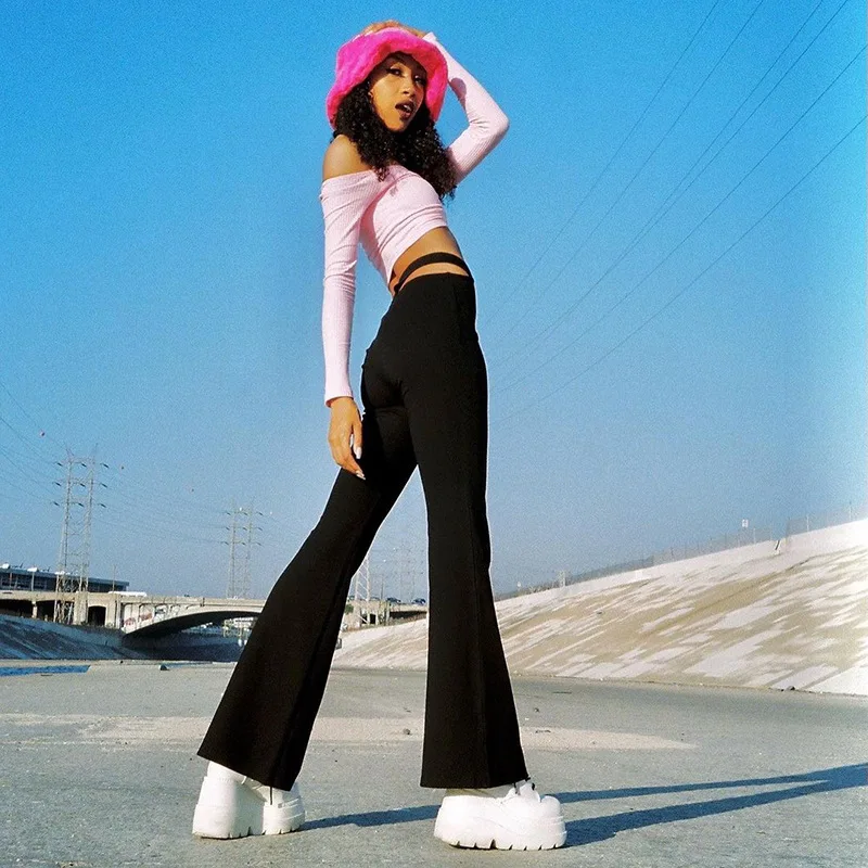 

2021 Women's New Solid Color Pants Hollow Out Fashion Black Leisure Horn