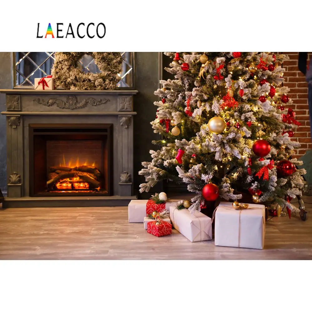 Laeacco фото фон рождественская ель подарок шар-безделушка камин дерево ребенок портрет фотография Фон фотосессия Фотостудия