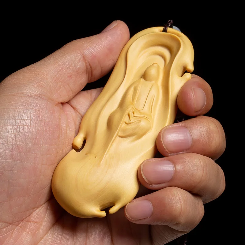 

Boxwood Carving Solid Wood Dharma Sculpture Decoration Handicraft Pendant Without Phase Buddha Guanyin Statue Home Decor