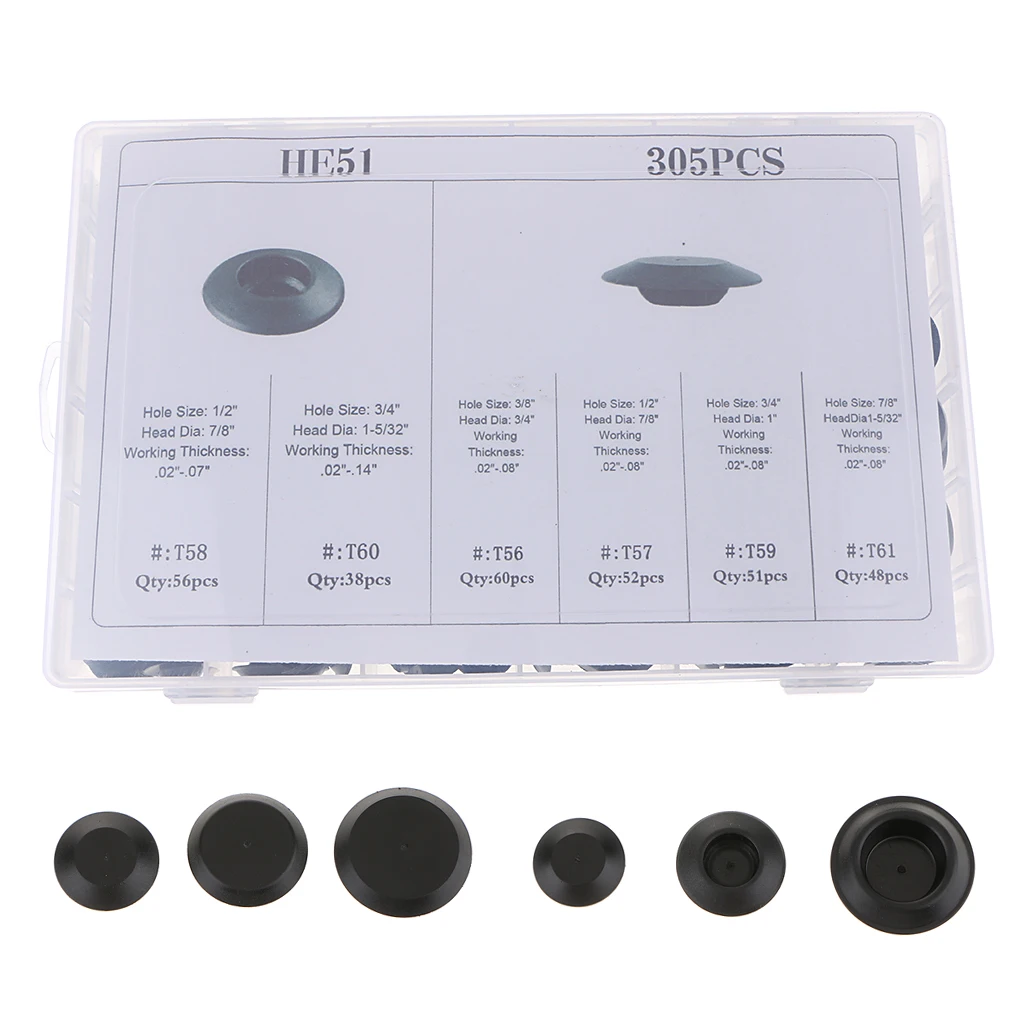 

305 Pieces 6 Kinds Rubber Snap-In Blanking Plug Body Hole Bungs Stopper Kits Rubber Snap In Blanking Plug Car Mouldings Trim