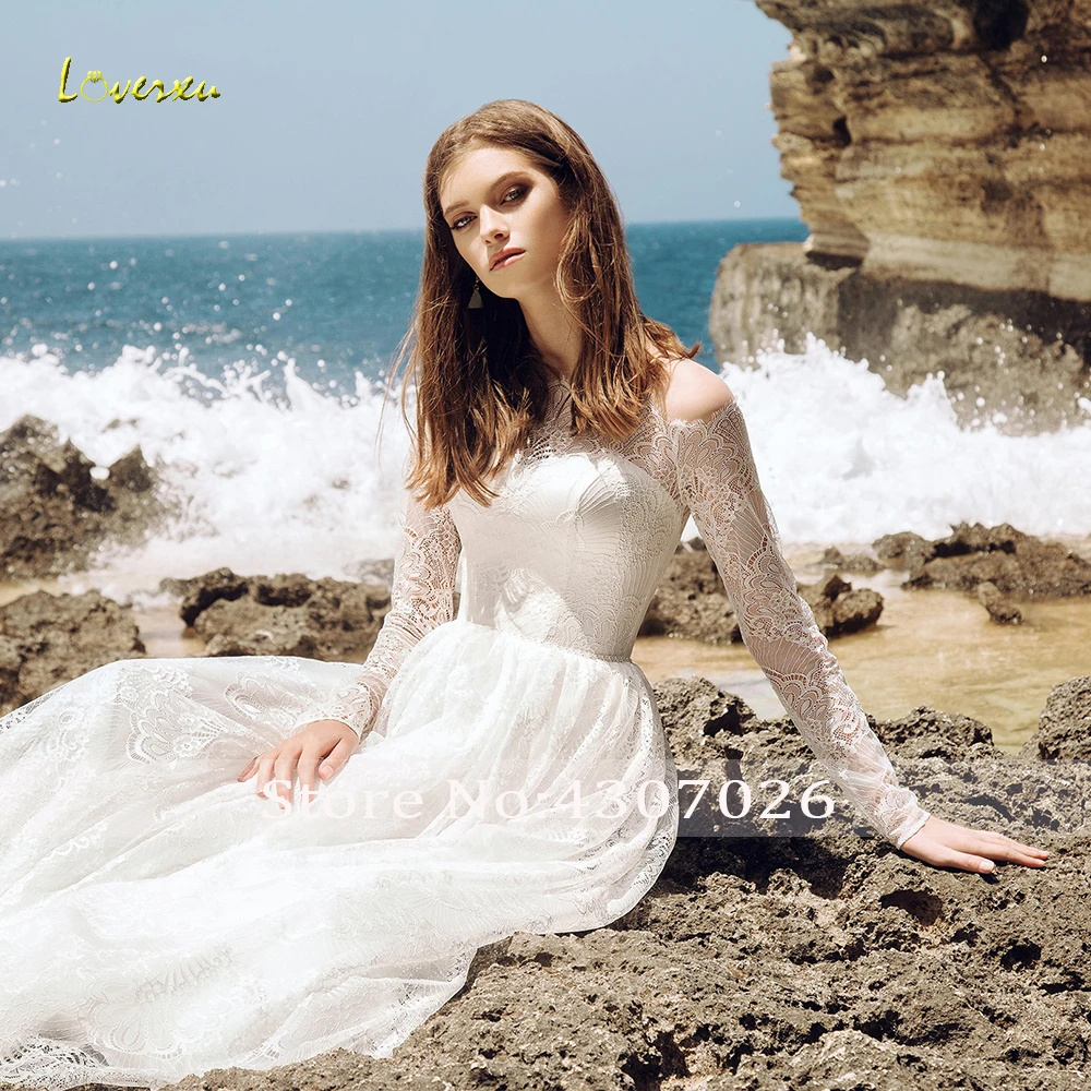 Loverxu вырез лодочкой пляж линия бохо кружева свадебные платья Шикарные аппликации