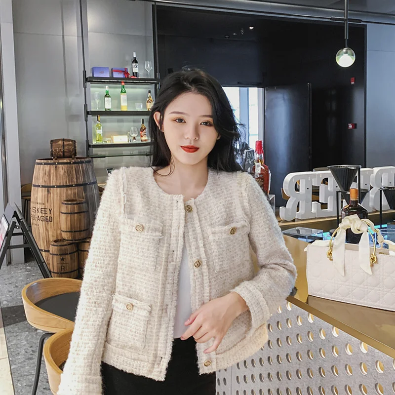 Изысканное твидовое женское свободное универсальное пальто из ткани и шерсти