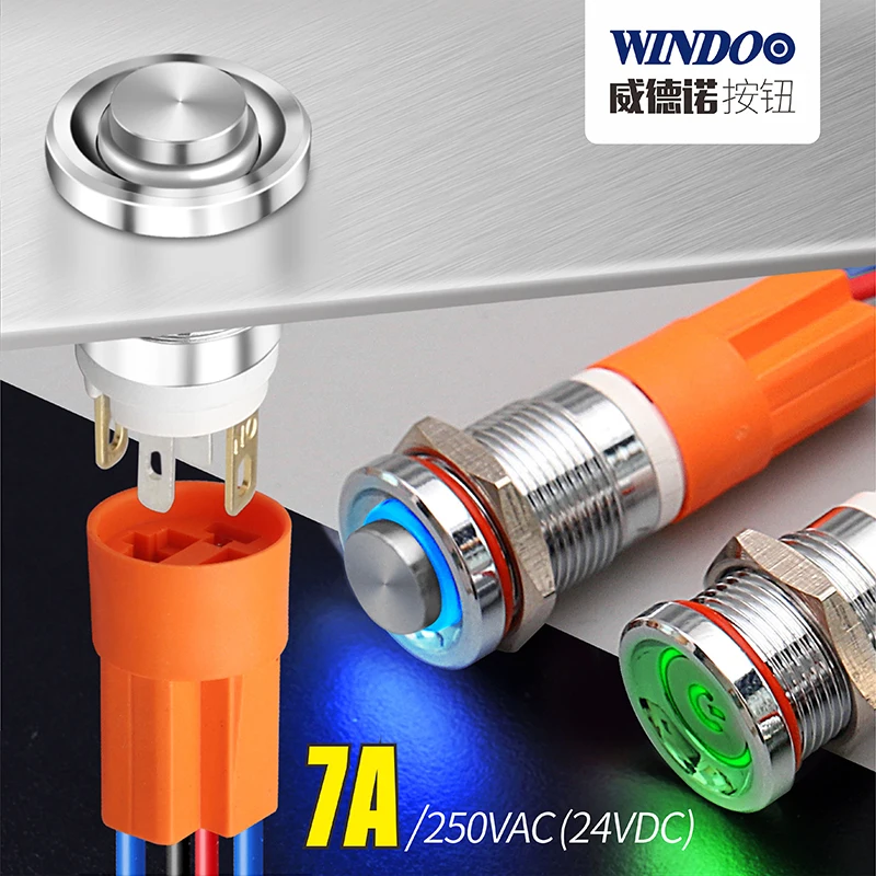 WINDOO 12mm 7A high current 4 pin switch waterproof IP67 latching or momentary micro metal push button with LED 24V220V | Обустройство