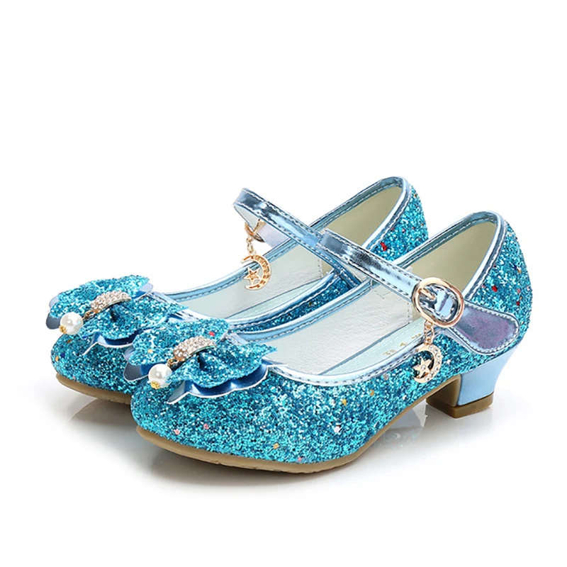 

Princess Shoes Girls Butterfly Knot High-Heel Sequins Non-Slip Performance Shoes Kids Crystal Shoes Children's Leather Shoes