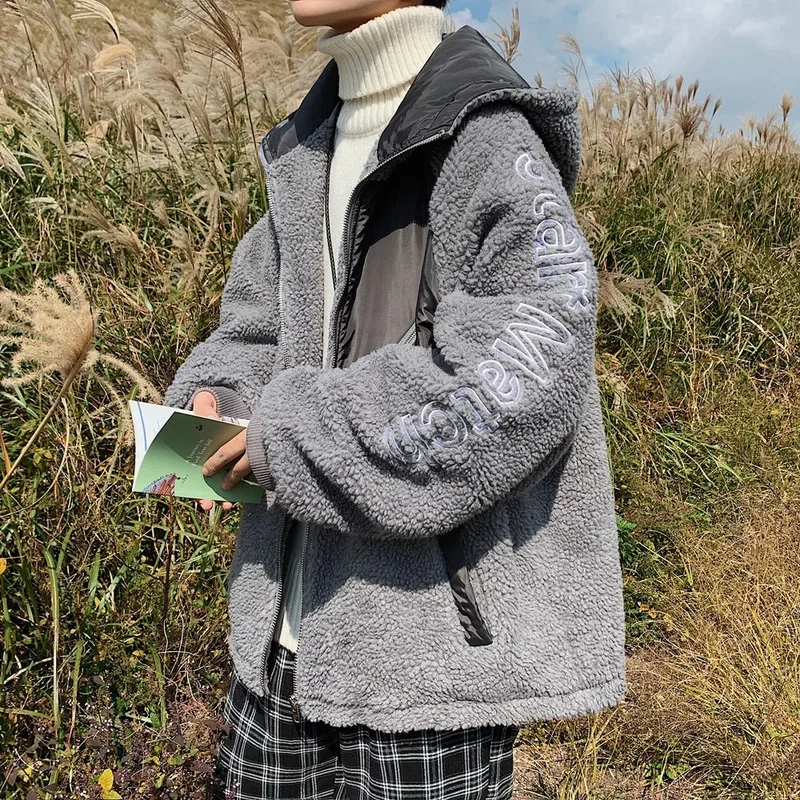 Lamb Wool Coat Male Trend Korean Couple Loose Cotton-padded Jacket Padded Jacket Plush Thick Men's Padded Jacket