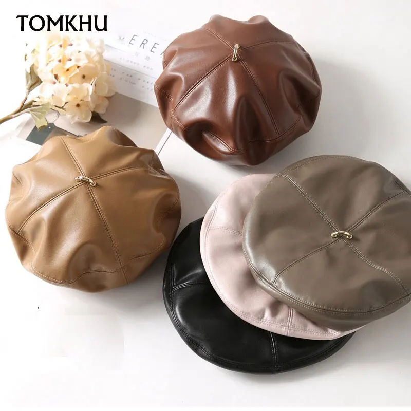 

TOMKHU PU Leather French Beret Hat Warm Cap Artist Painter Cap Classical Solid Color Women Beanies Winter Hat Adjustable