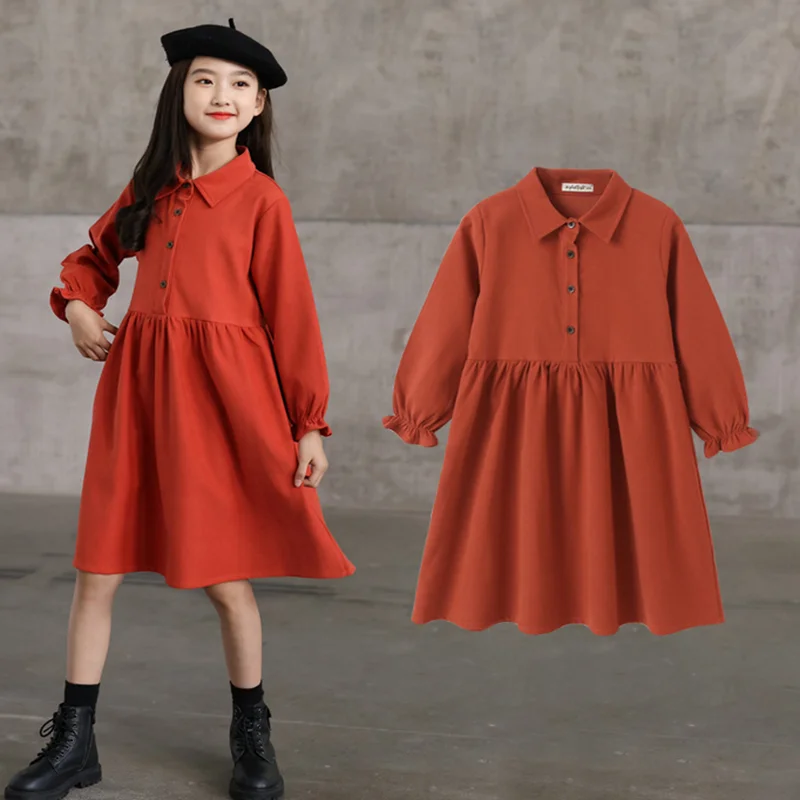 

shirt collar one-piece Girls' dress children princess dress 2021 new spring autumn fairy red skirt teenager clothes
