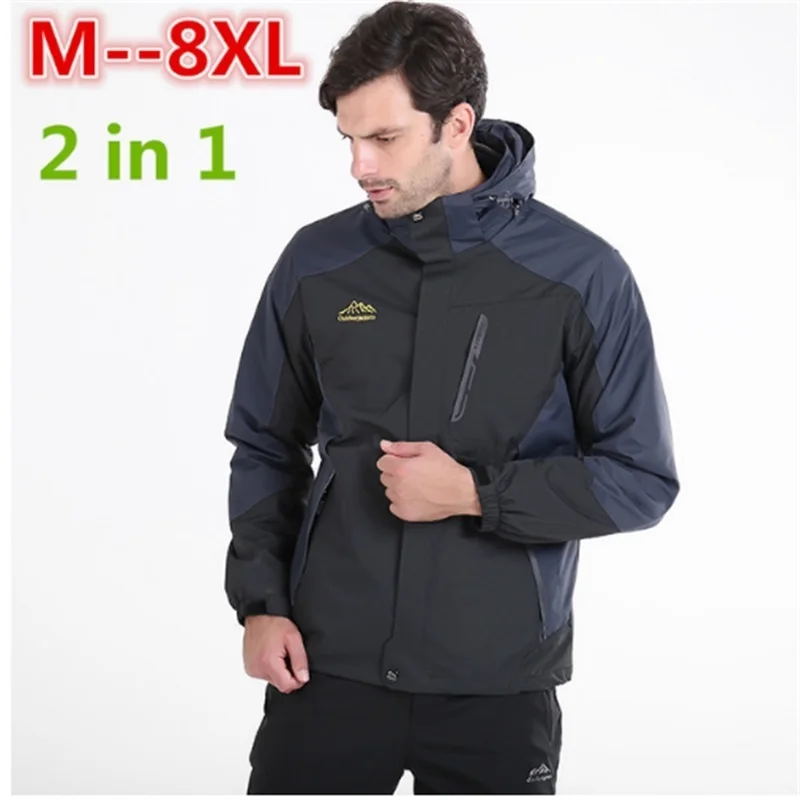Новый размера плюс 8xl 6xl 5xl Водонепроницаемый Мужская зимняя теплая куртка 2 в 1