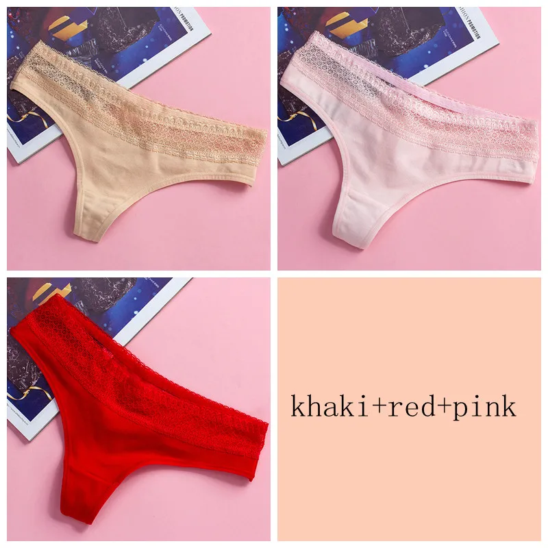 pink red khaki 3 шт./лот, женские хлопковые трусики, с вырезами, с кружевной талией, хлопок, g-стринги, щипцы, сексуальные танга, нижнее белье, дамское нижнее белье, штаны - Цвет: pink red khaki