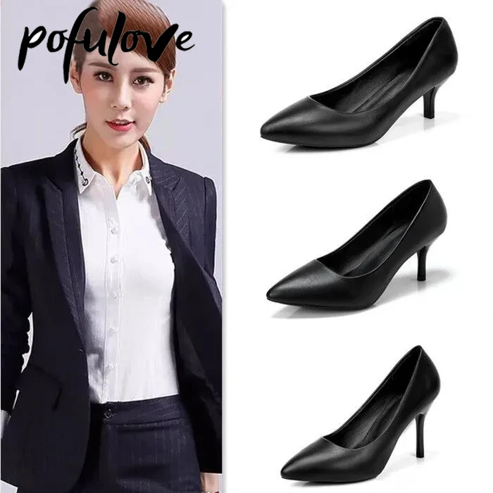 

Pofulove High Heels Woman Shoes Leather Formal Shoes Thin Heel Lady Office Work Professional Shoes 3cm 5cm 6cm 8cm Black