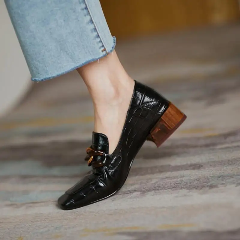 

Rizabina Women Pumps Genuine Leather Chain Square Heel Shoes Women Fashion Elegant Ladies Shoes Footwear Size 33-40
