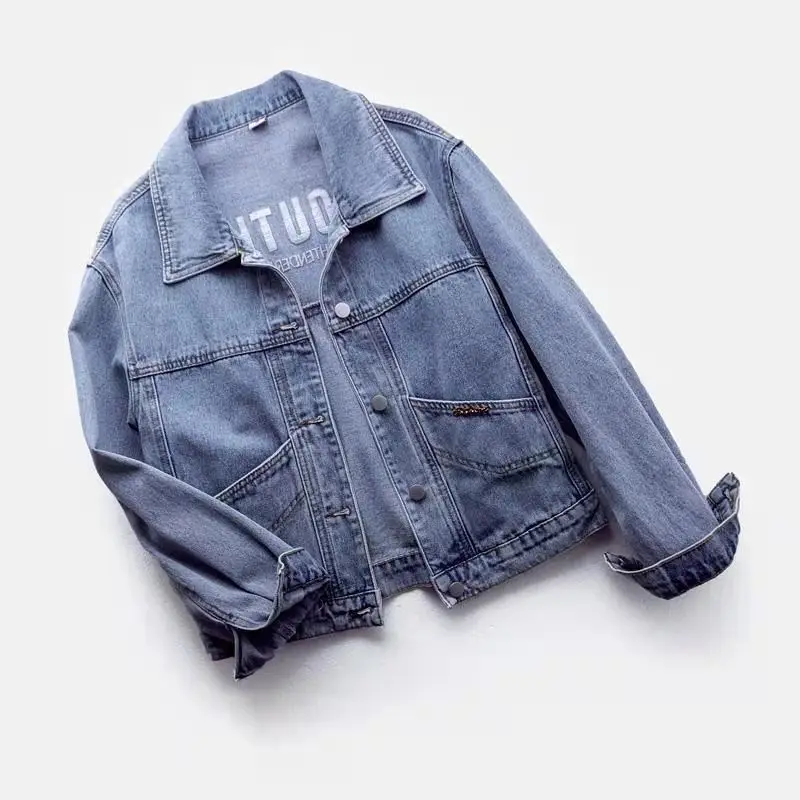 Джинсовая куртка женская летняя повседневная свободная с длинным рукавом