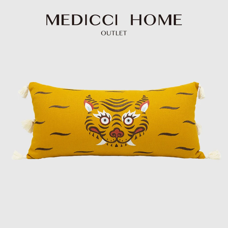 

Medicci Home Tibetan Tiger Head Embroidered Long Pillow Case Handmade Tzitzit New Chinese Ethnic Yellow Boho Cushion Cover 30x58