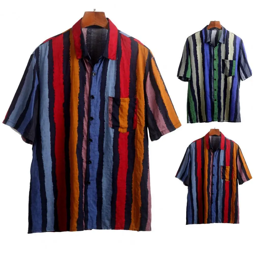 

Striped Print Men Shirt Turn-down Collar Arc Hem Short Sleeve Buttons Closure Casual Shirt Beachwear