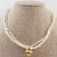 unique design aa real pearl necklace white color 3 rows genuine freshwater pearls gold color heart pendant necklace fine jewelry