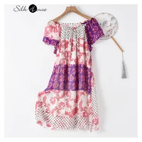 contrast printed silk dress 2021 fashion womens new mulberry silk doll skirt sweet double layer leisure holiday dress