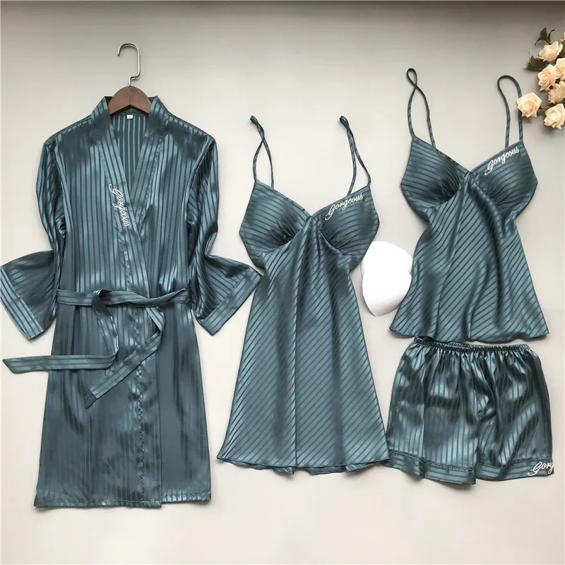 

Spring Sexy Embroidery Striped Women Satin High Quality 4/3/2/1 Pcs Sleepwear With Chest Pad Pajama Sets Mujer