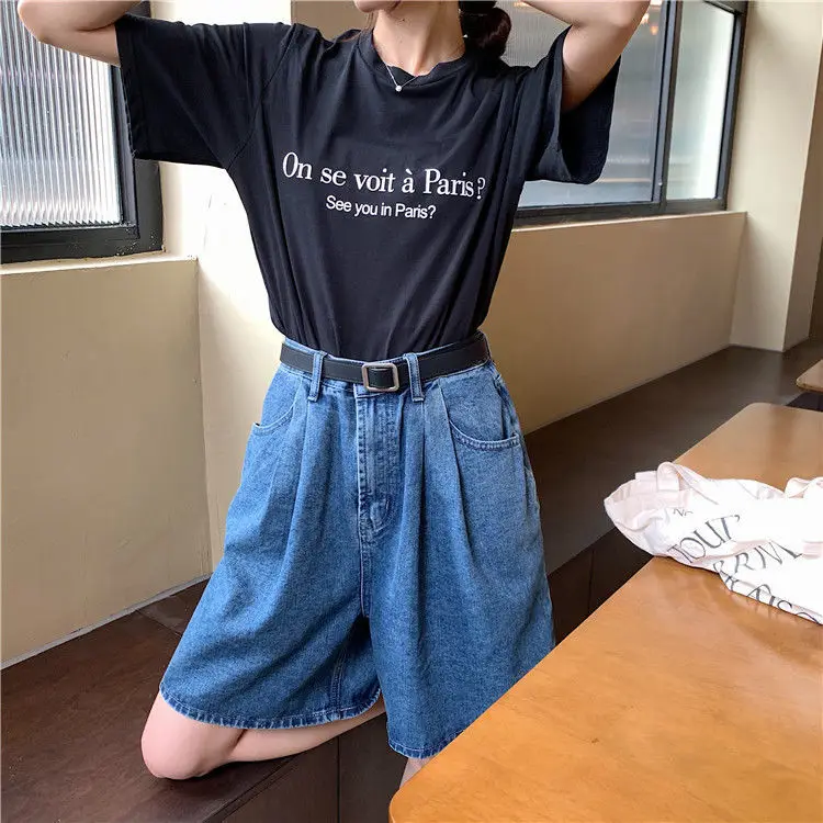 

Summer Korean version ins retro loose hem high waist denim shorts for women
