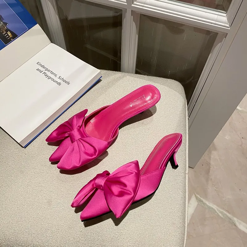 

Spring Summer New Silk Women Mules Slippers Pointed Toe Bowtie Slippers Shoes Non Slip Low Heel Ladies Slides Outdoor Sandals