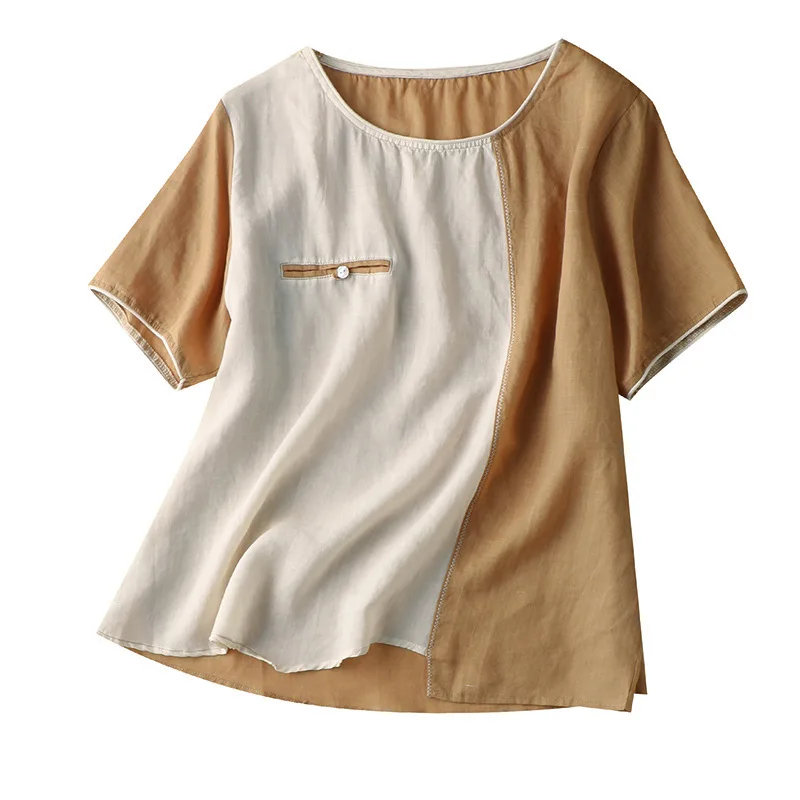 

SHUCHAN Asymmetry Womens Tops and Blouses Ramie Casual Short Sleeve O-Neck Blusa Feminina New Women Tops Casual