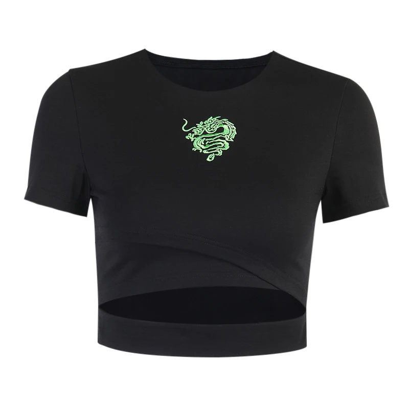 

Gothic Green Dragon Design Summer Top Cut Hollow Out Punk T-shirt Grunge E Girl Streetwear Fashion Women Navel Bare Cropped Tops