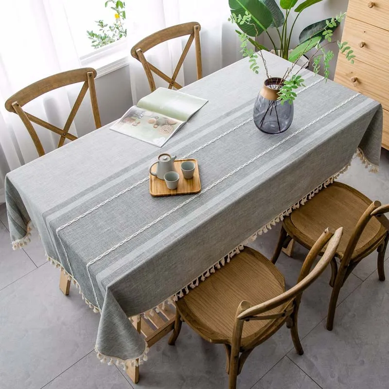 

Japan Style Cotton Linen Tablecloth Gray Tassel Wind Dustproof Table Mat Rectangular Table Cloth For Christmas Banquet Decor