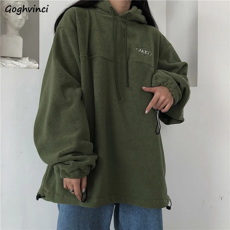 

With Hat Hoodies Women Plus Velvet Thicker Fashion Loose Letter Simple Cool Girls Clothing Streetwear Korean Style All-match Ins