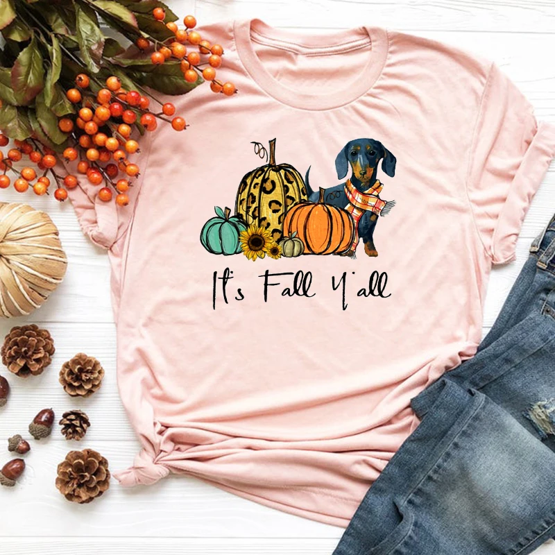 

It's Fall Y'all Tshirt Thanksgiving Dachshund Dog Tops Plus Women 2020 Leopard Pumpkin Print Tee Streetwear Womens Clothing L