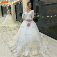 luxury arabic v neck wedding dress long sleeves 2022 vestido de novia for women lace up bridal gown custom made robe de mariage